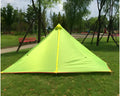Poleless gold-shaped double layer camping tent in green on grass, 270x160x130cm