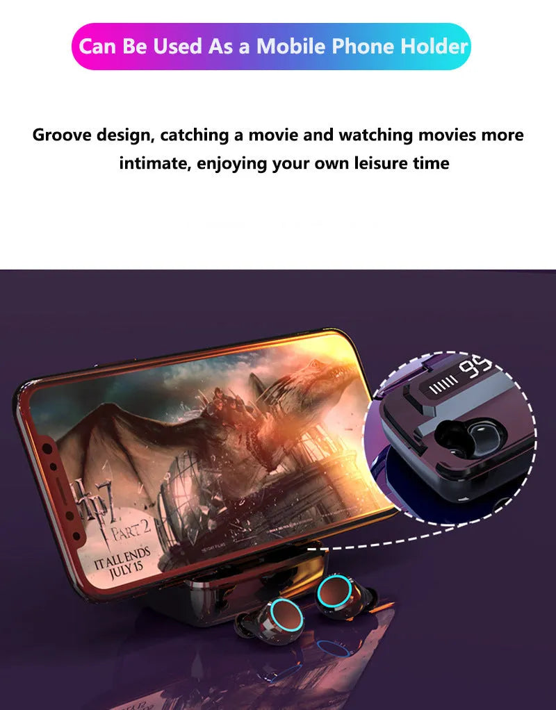 Black M11 style wireless Bluetooth headset with digital display, shown with its mobile phone holder and charging case.