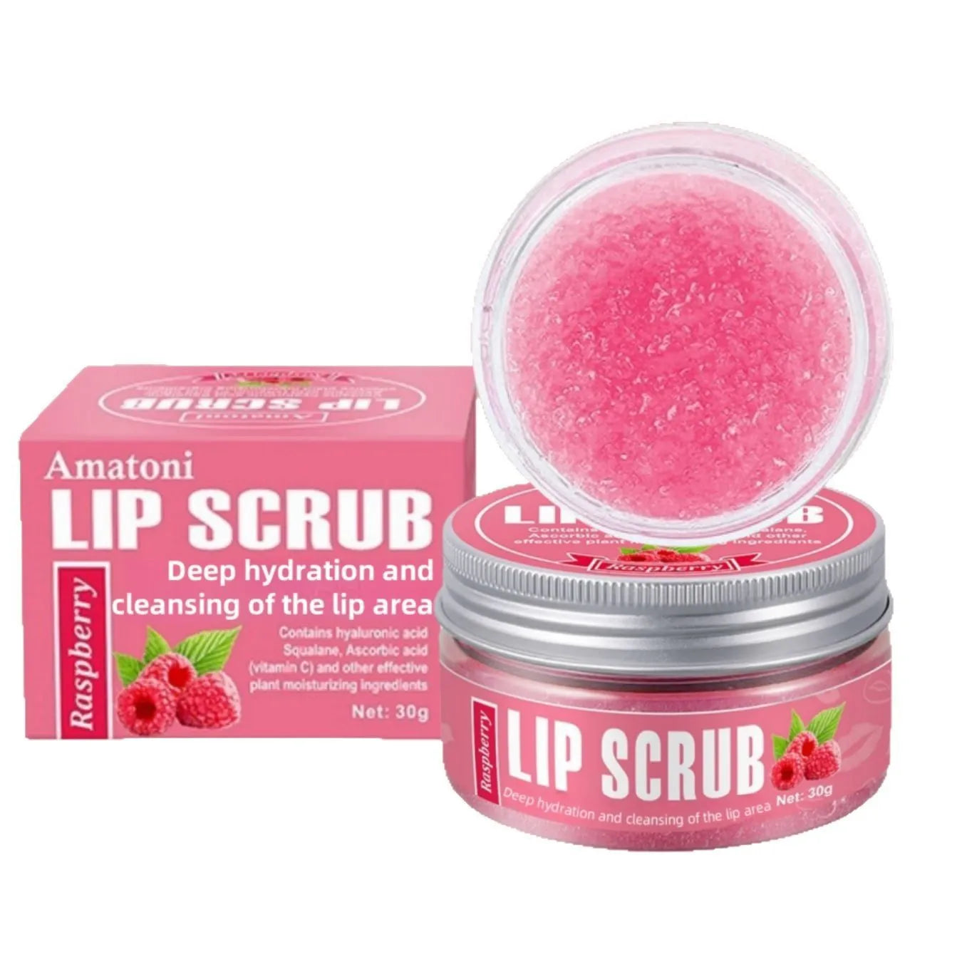 Amatoni lip scrub cream in 30g container with coconut, raspberry, vanilla, and watermelon flavour options