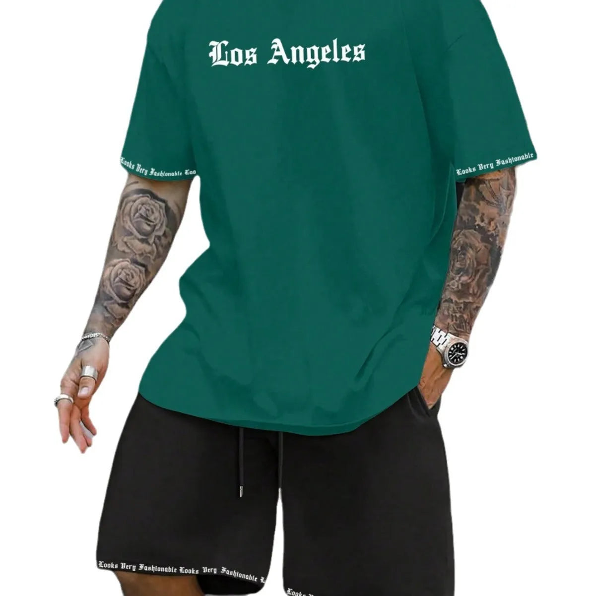Men's blue short sleeve shirt and matching shorts casual sports outfit