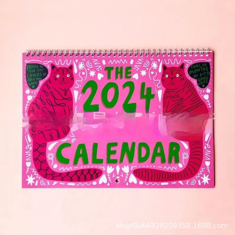 A4 cat calendar wall planner with hanging hook showing domestic cat illustrations