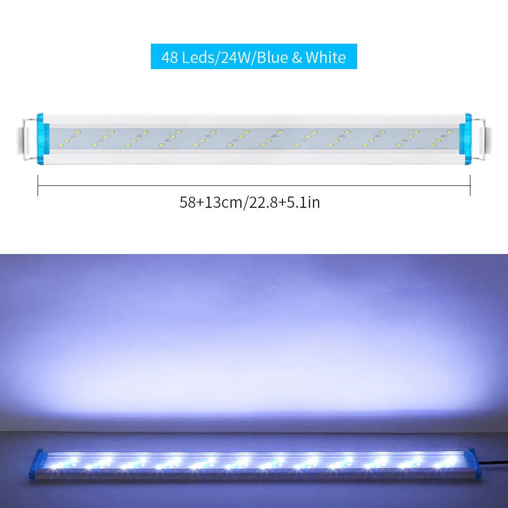 Ultra-thin PVC aquarium LED light bar with blue and white lights in multiple lengths for fish tanks.