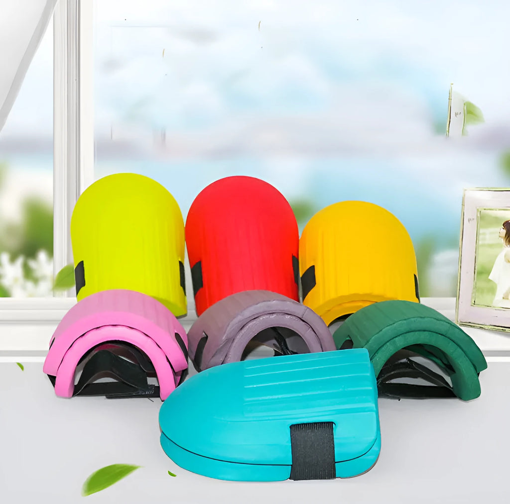 A pair of high-density EVA foam knee pads for gardening and work, shown in army green colour.