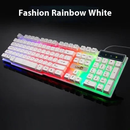 Black and white mechanical gaming keyboard with illuminated USB cable and backlit keys