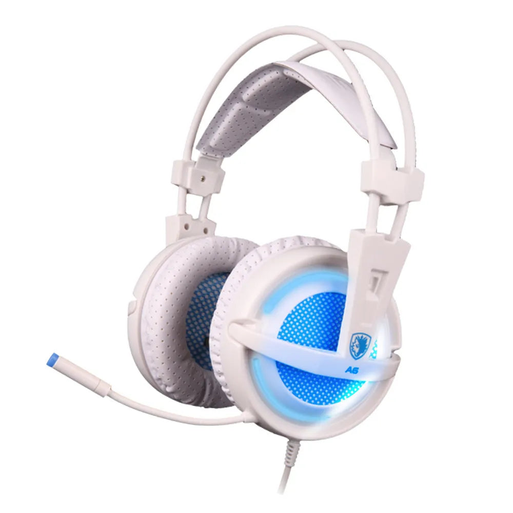 Black and white USB gaming headset with LED lights on ear cups and a padded headband.