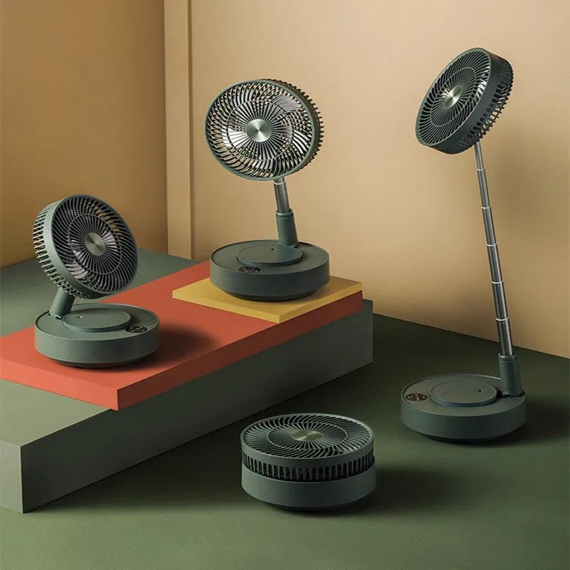 Green telescopic storage floor electric fan showing desktop and extended floor-standing configurations with remote control