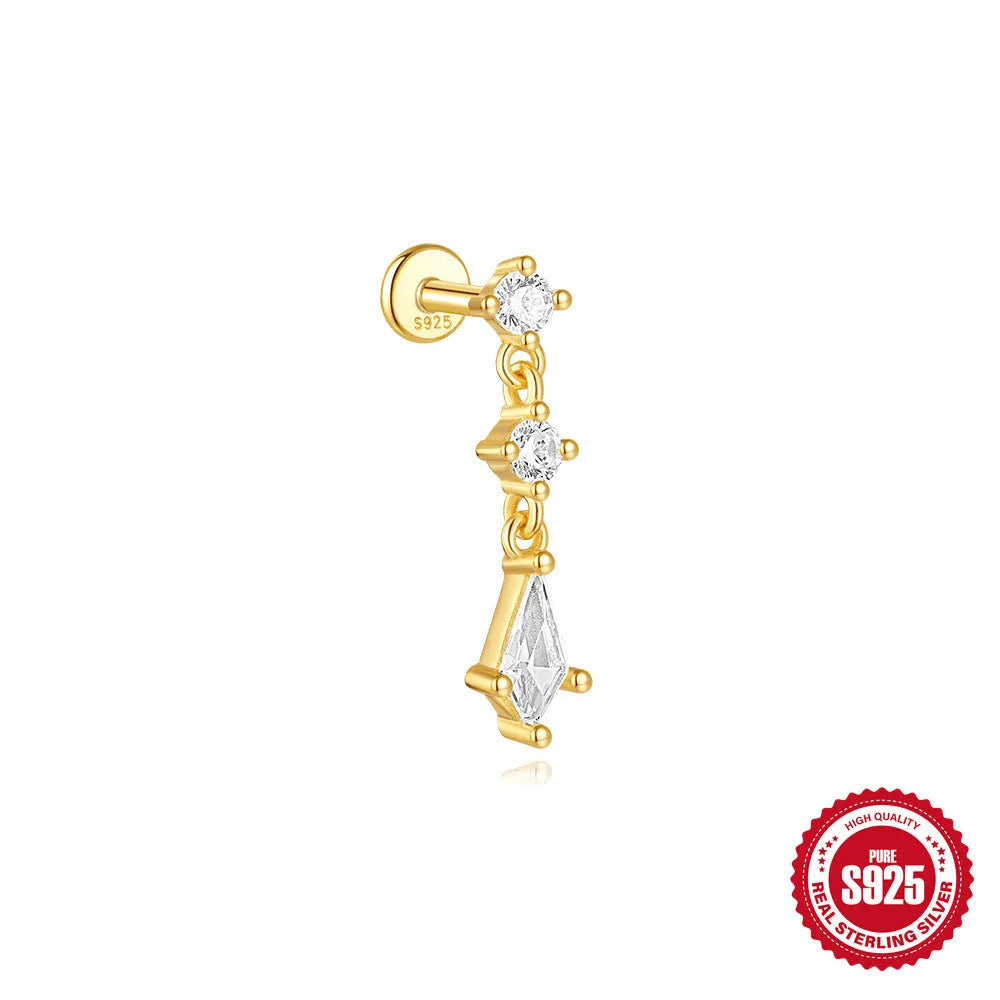Geometric kite-shaped sterling silver earrings with a gold electroplated chain tassel featuring rhinestones.