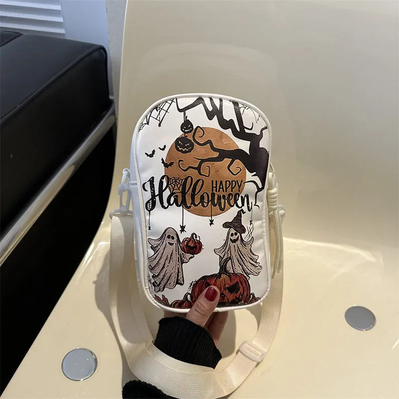 Black Halloween graffiti mini crossbody bag with cartoon pumpkin ghost bat print