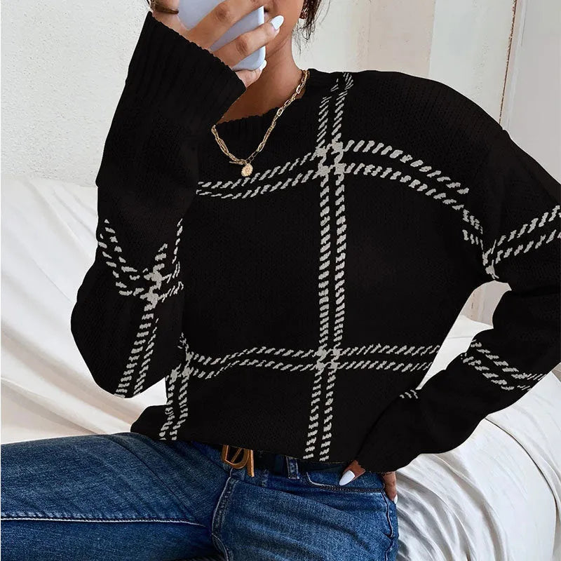 Women's loose fit acrylic sweater with plaid colour-block pattern in apricot black beige stripes red green colours