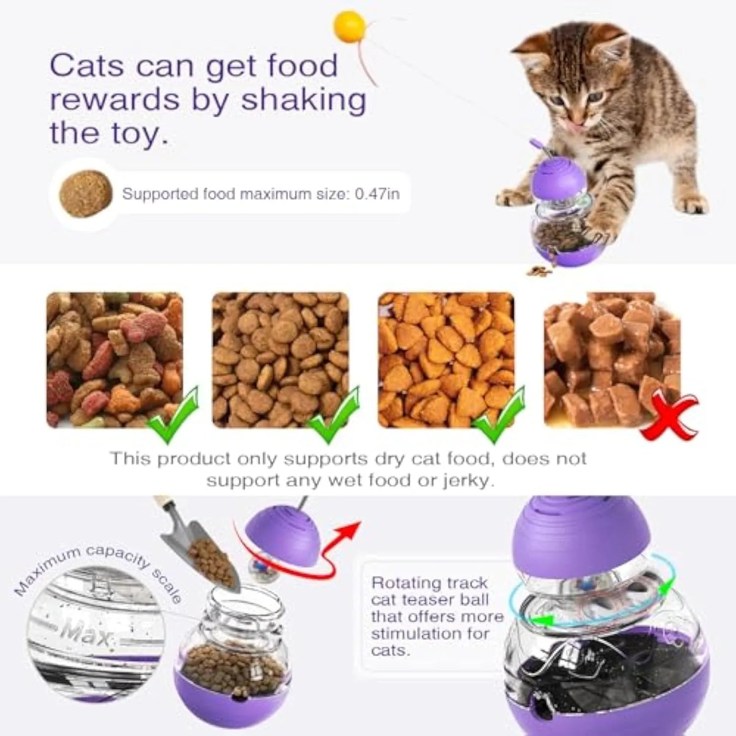 Multi-colour cat interactive toy with rocking base, slow feeder compartment, and bouncing teaser wand with plastic ball attachment