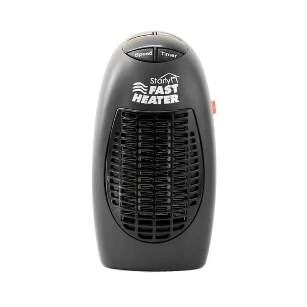 Black plastic mini electric heater with digital display and rotating plug on white background