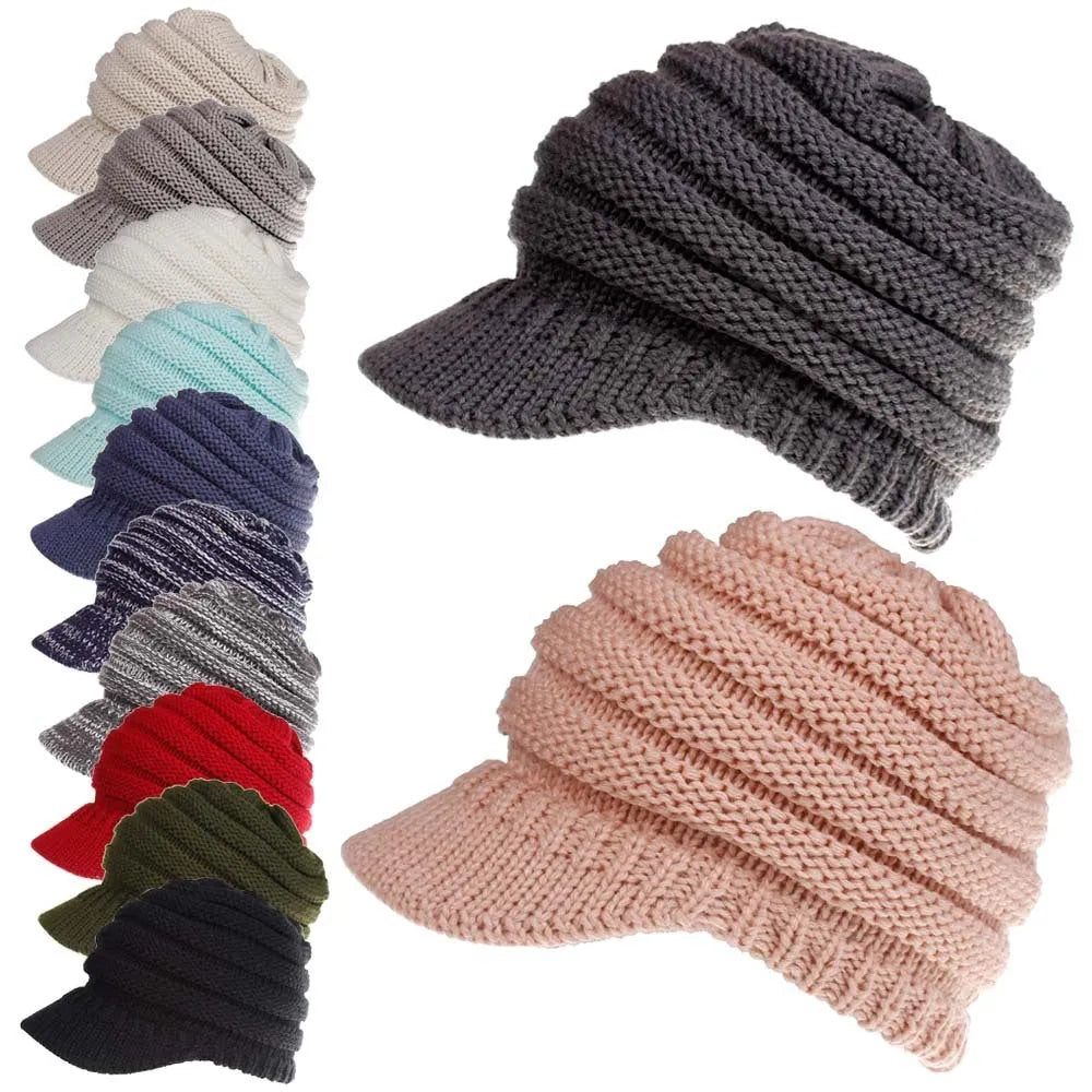 Women's acrylic knitted ponytail beanie hat in multiple colour options
