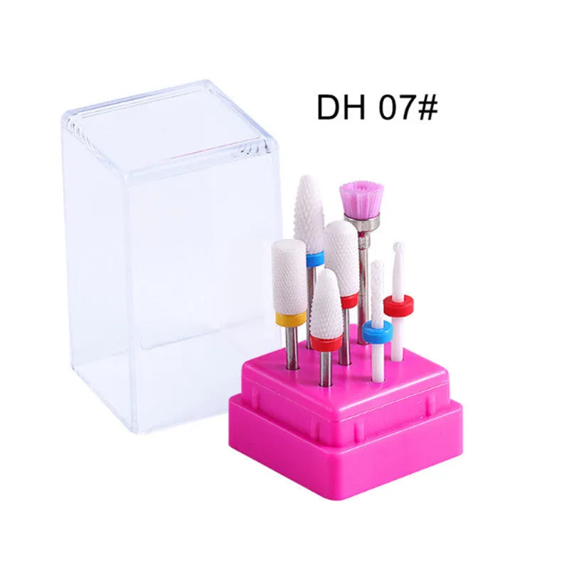 Tungsten steel nail drill bit set with 7 pieces including bits and brush in a clear case.