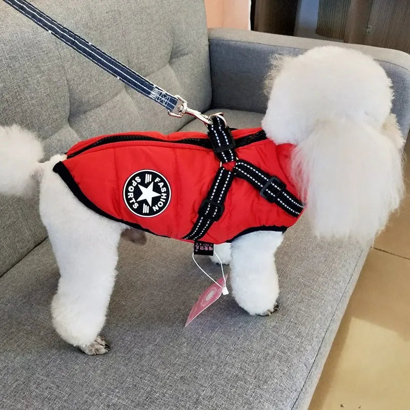 Waterproof dog coat with integrated harness in rain silk fabric, available in multiple sizes and colours