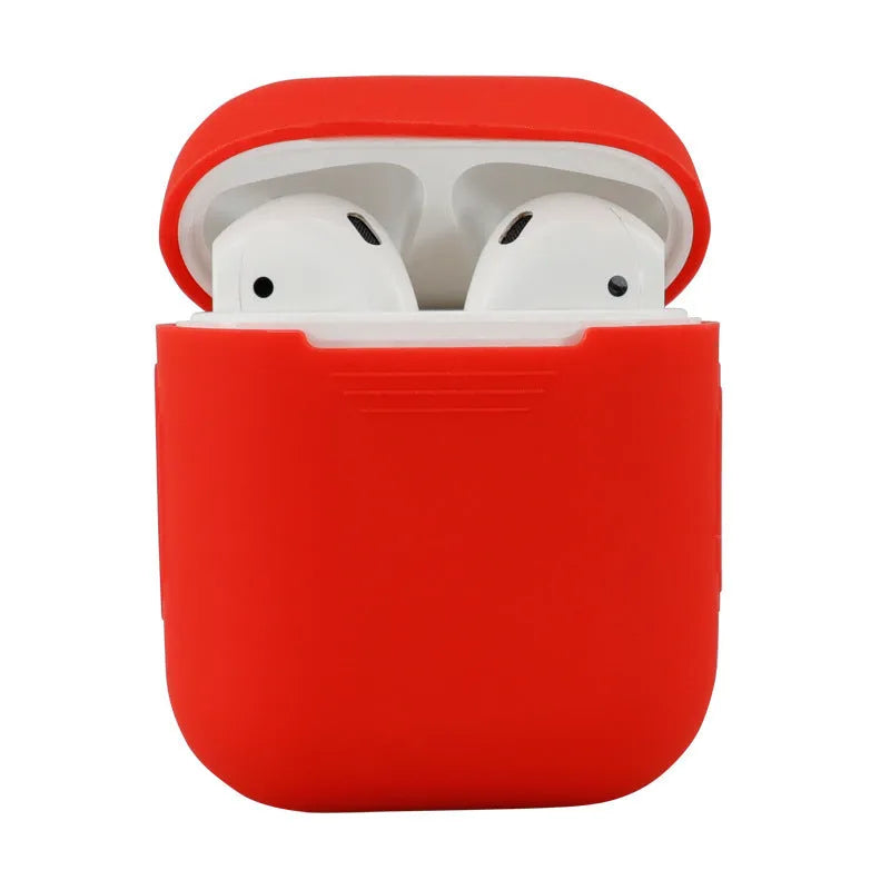 Silicone protective case for AirPods 2nd generation wireless earbuds in various colours showing 56x47x24mm dimensions