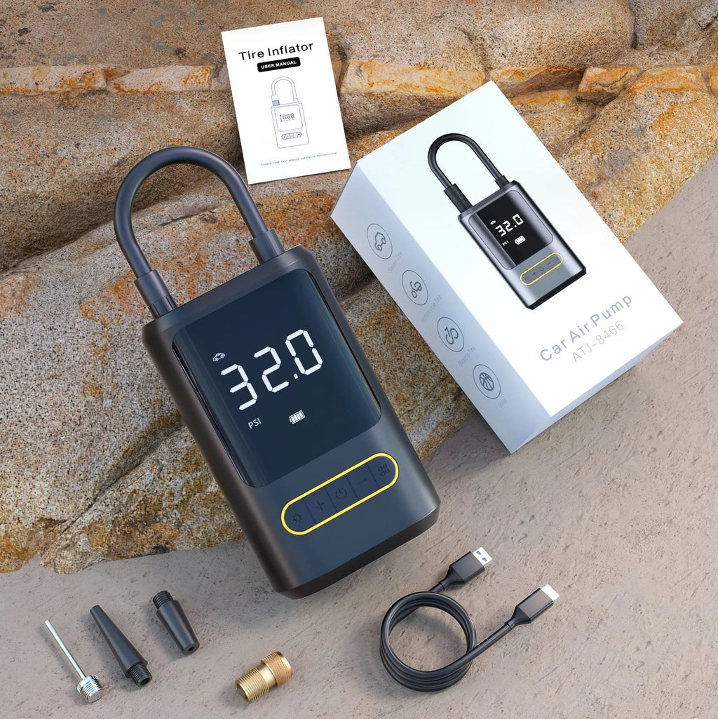 Handheld wireless digital display vehicle air pump with LED light showing pressure reading