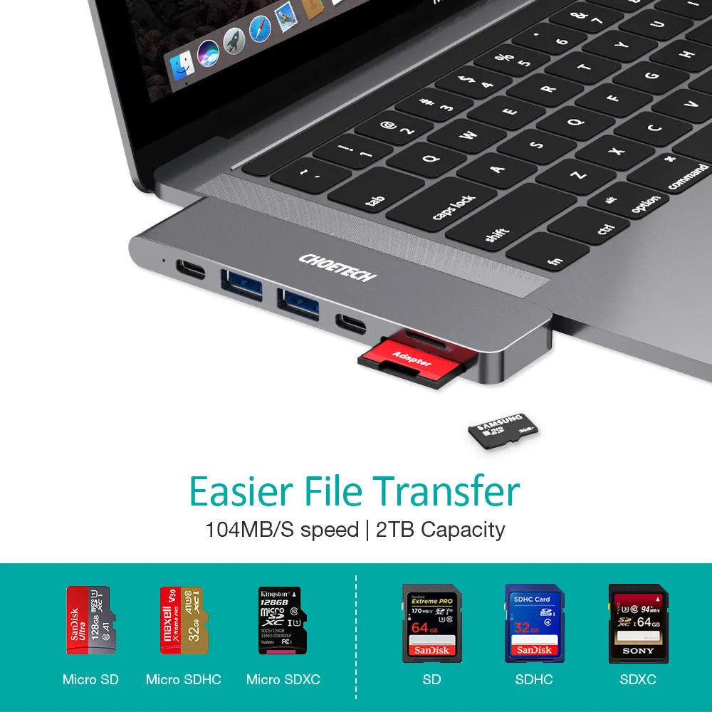 Aluminium USB-C adapter with SD card reader showing multiple ports including HDMI and USB 3.0