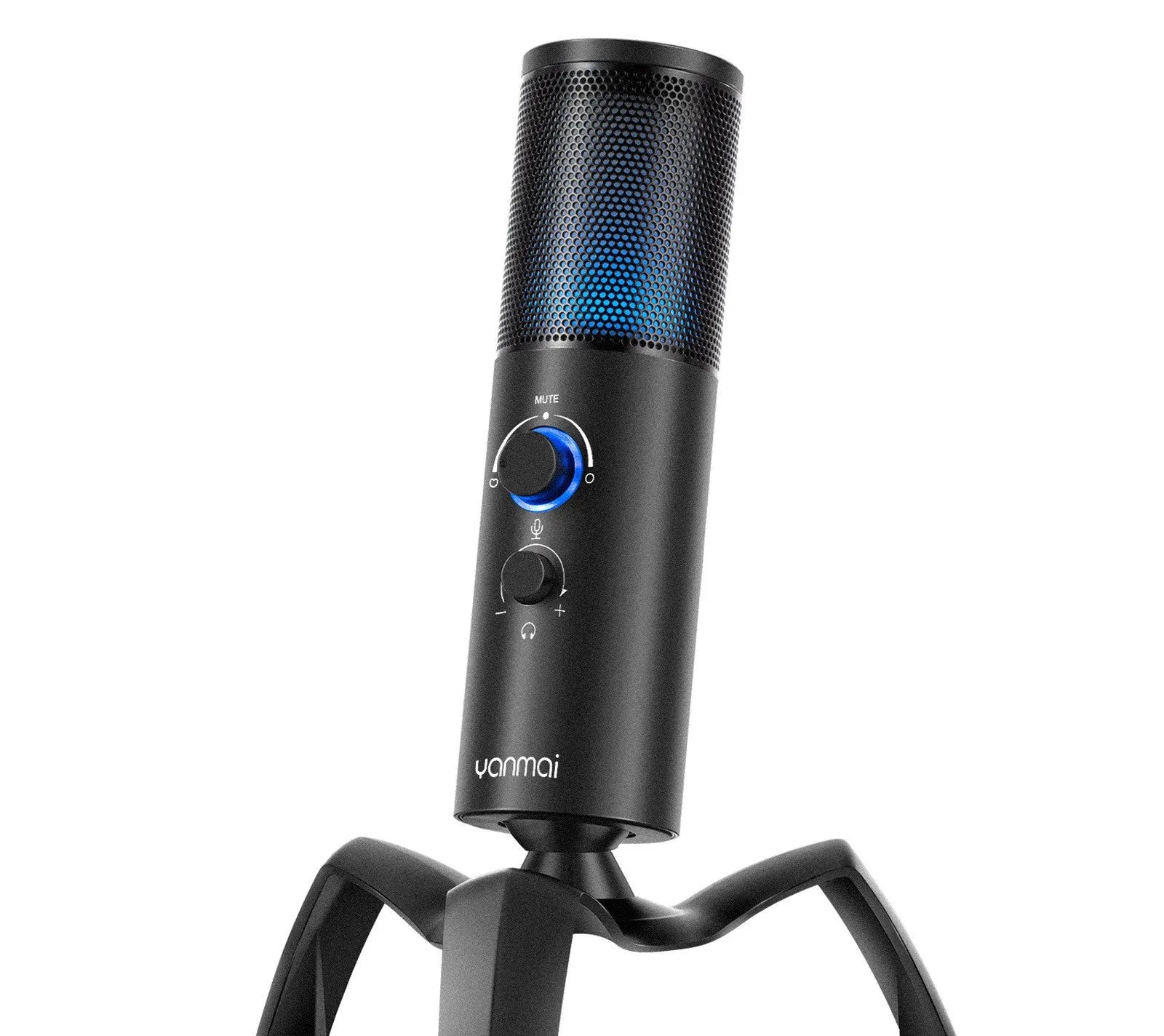 Q18 black USB condenser microphone with RGB lights on adjustable tripod stand