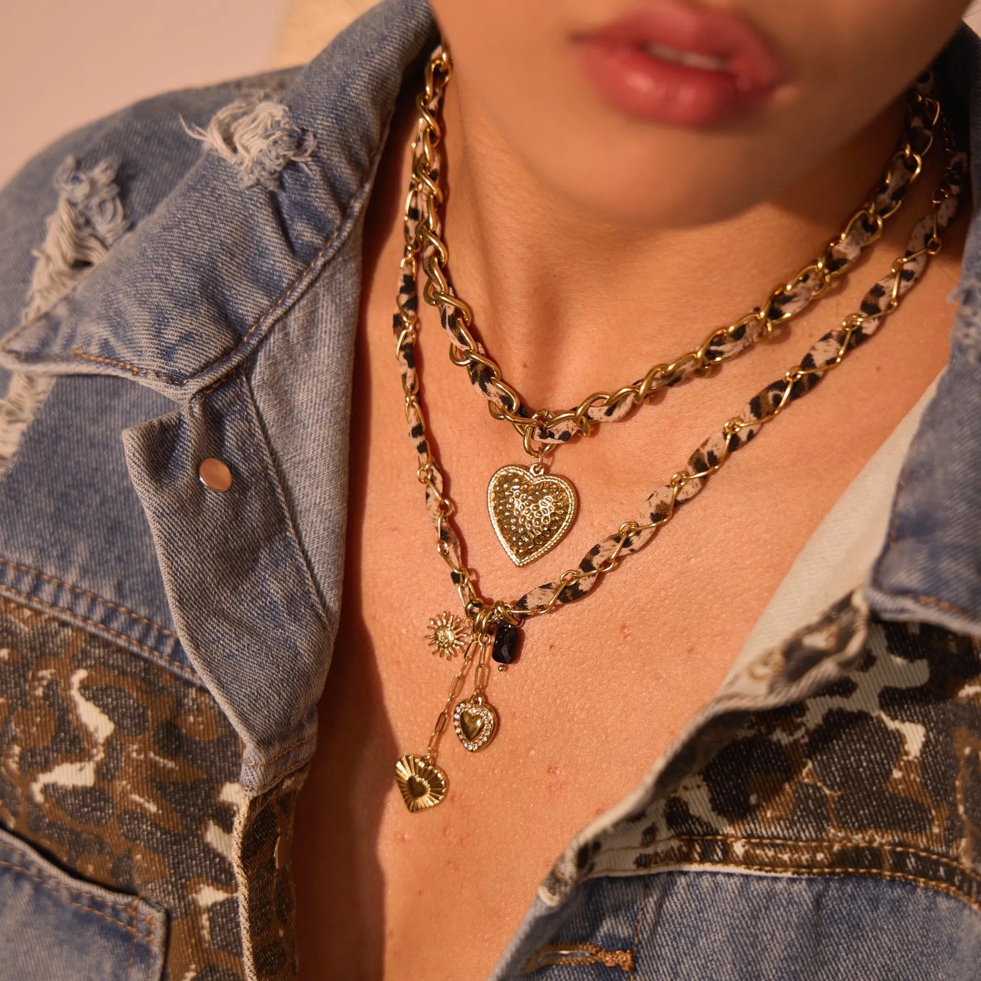 Stainless steel geometric leopard love pendant necklace on adjustable 41-50cm chain with 18K electroplated finish