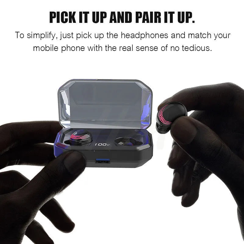 Black X10 Bluetooth wireless headset with its matching charging case on a white background.