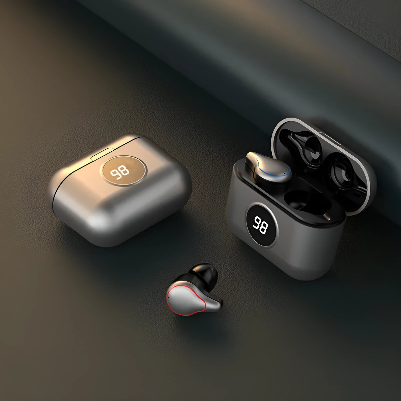 Black and blue in-ear Bluetooth headsets showing bilateral stereo earpieces