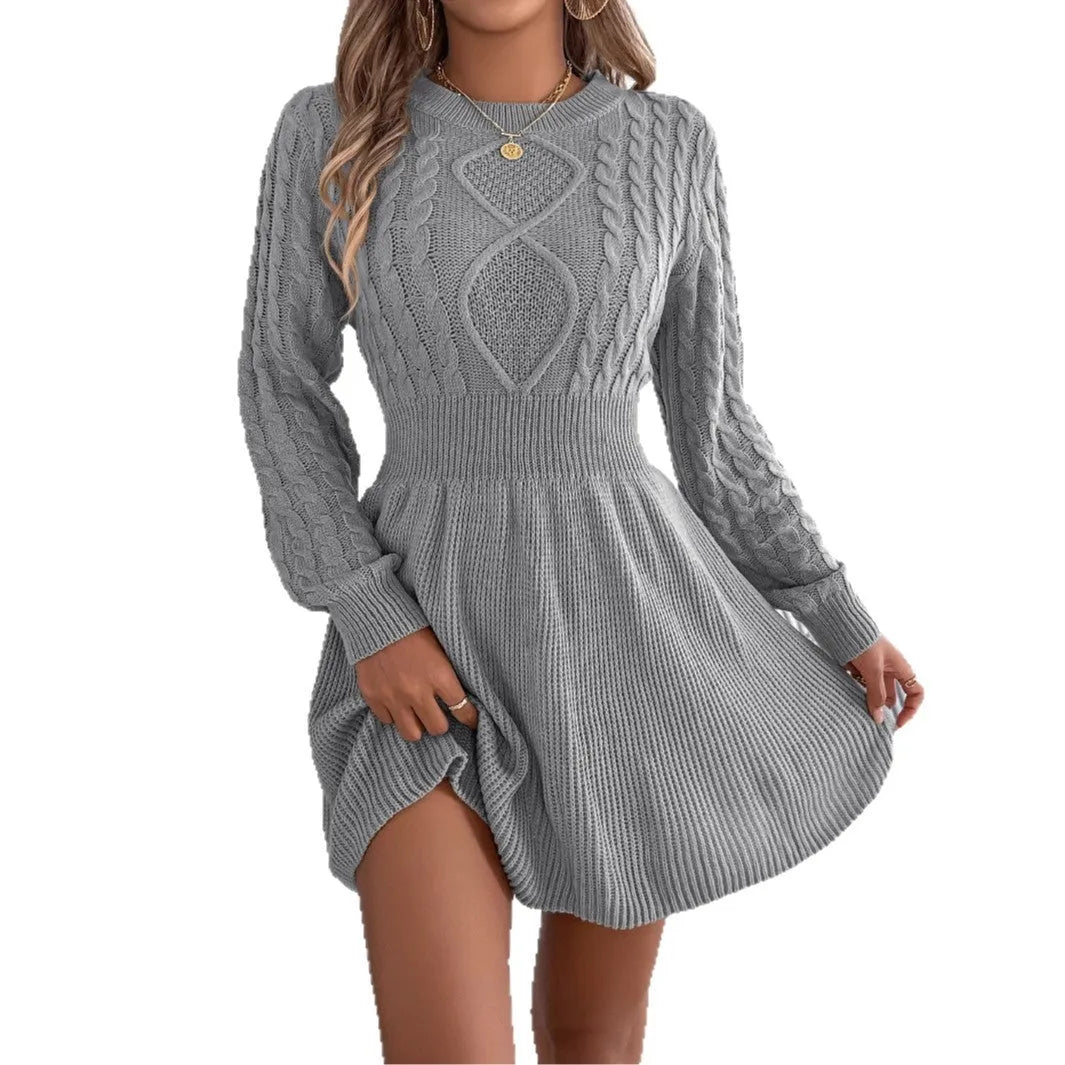 Women's artificial fur sweater dress with twist waist and lantern sleeves in wine red