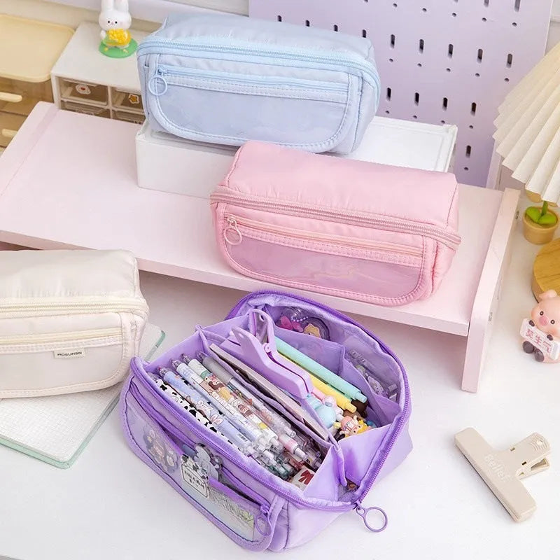 Korean-style multi-layer flip pencil case in canvas material showing six colour options