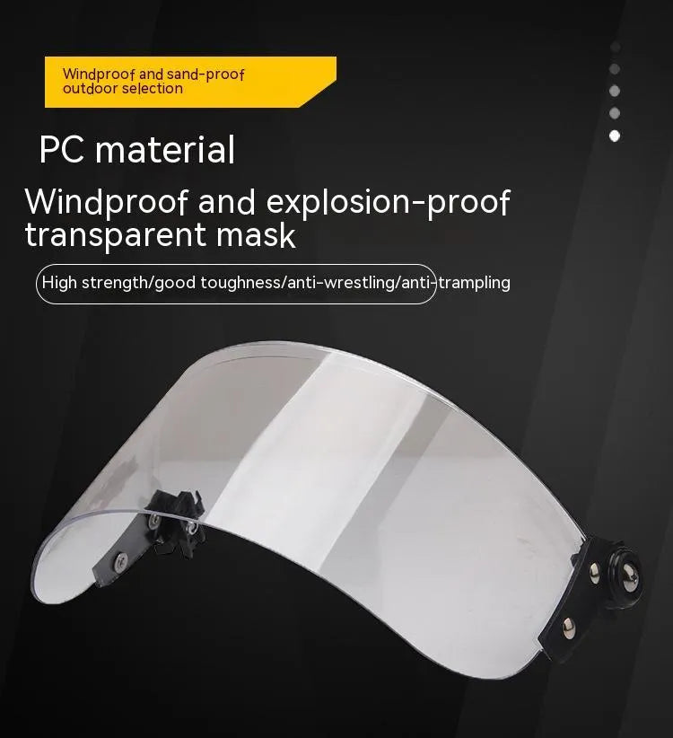 Transparent polycarbonate guide rail helmet mask with windproof lens measuring 30cm by 15cm