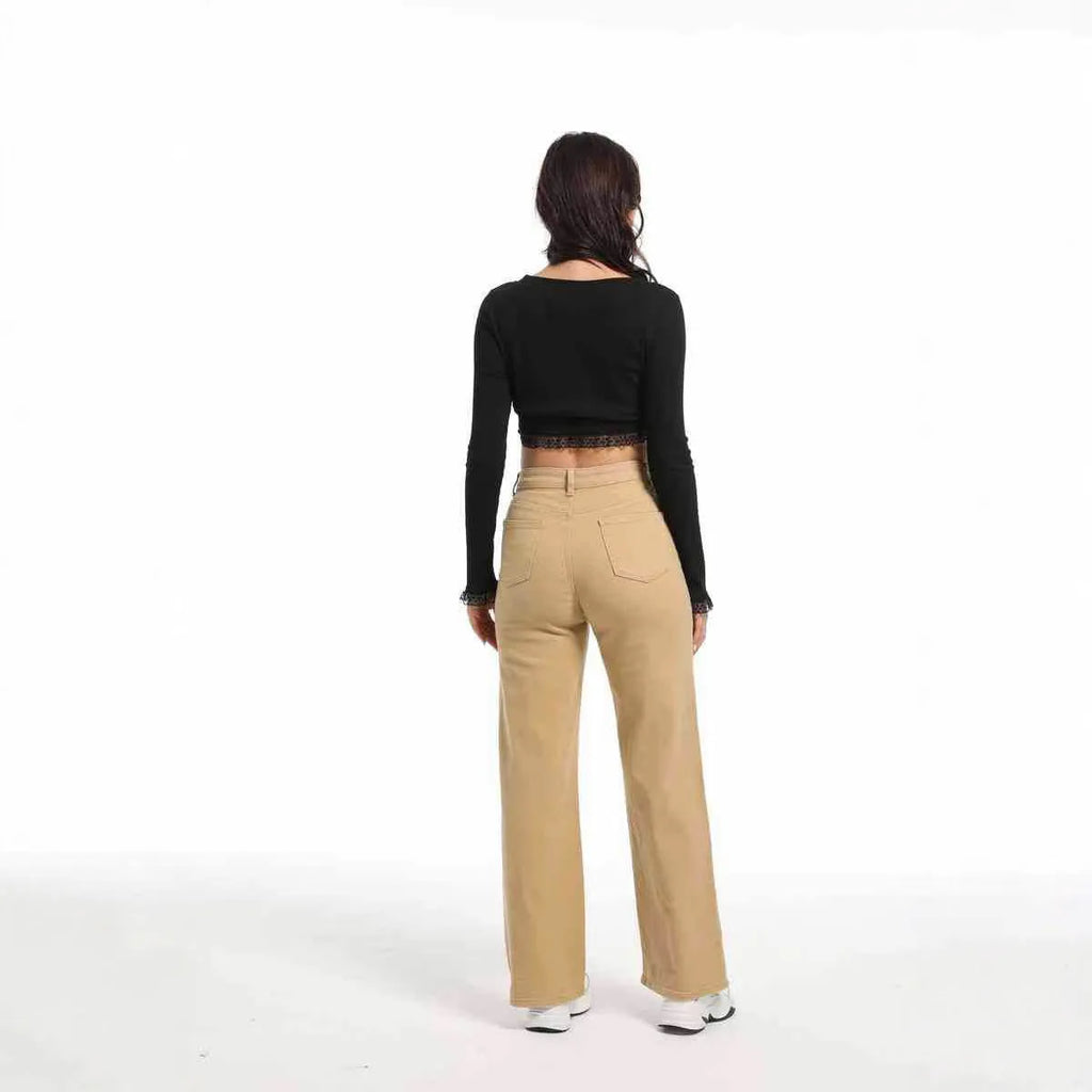 Women's high waist straight leg wide jeans in apricot and khaki colours