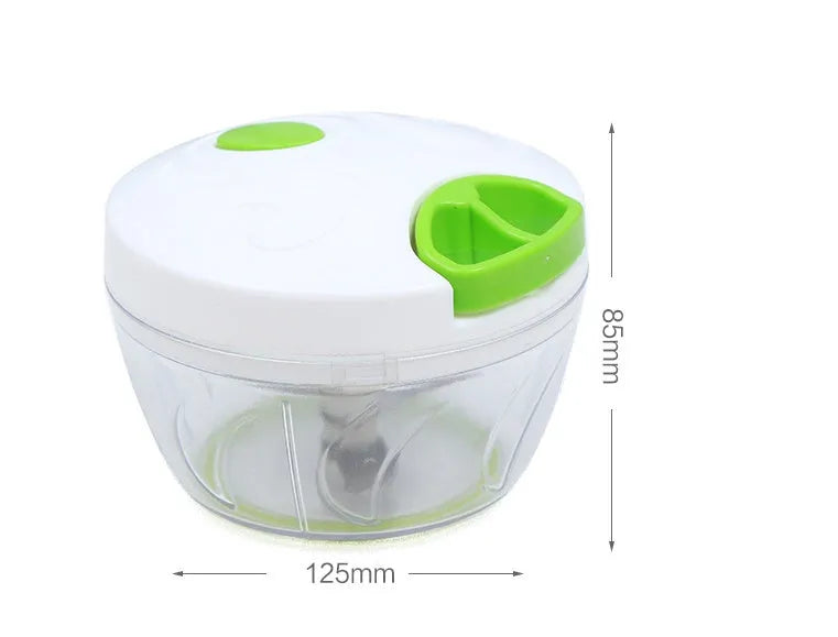Manual kitchen chopper with green ABS container and stainless steel blades for herb and vegetable preparation
