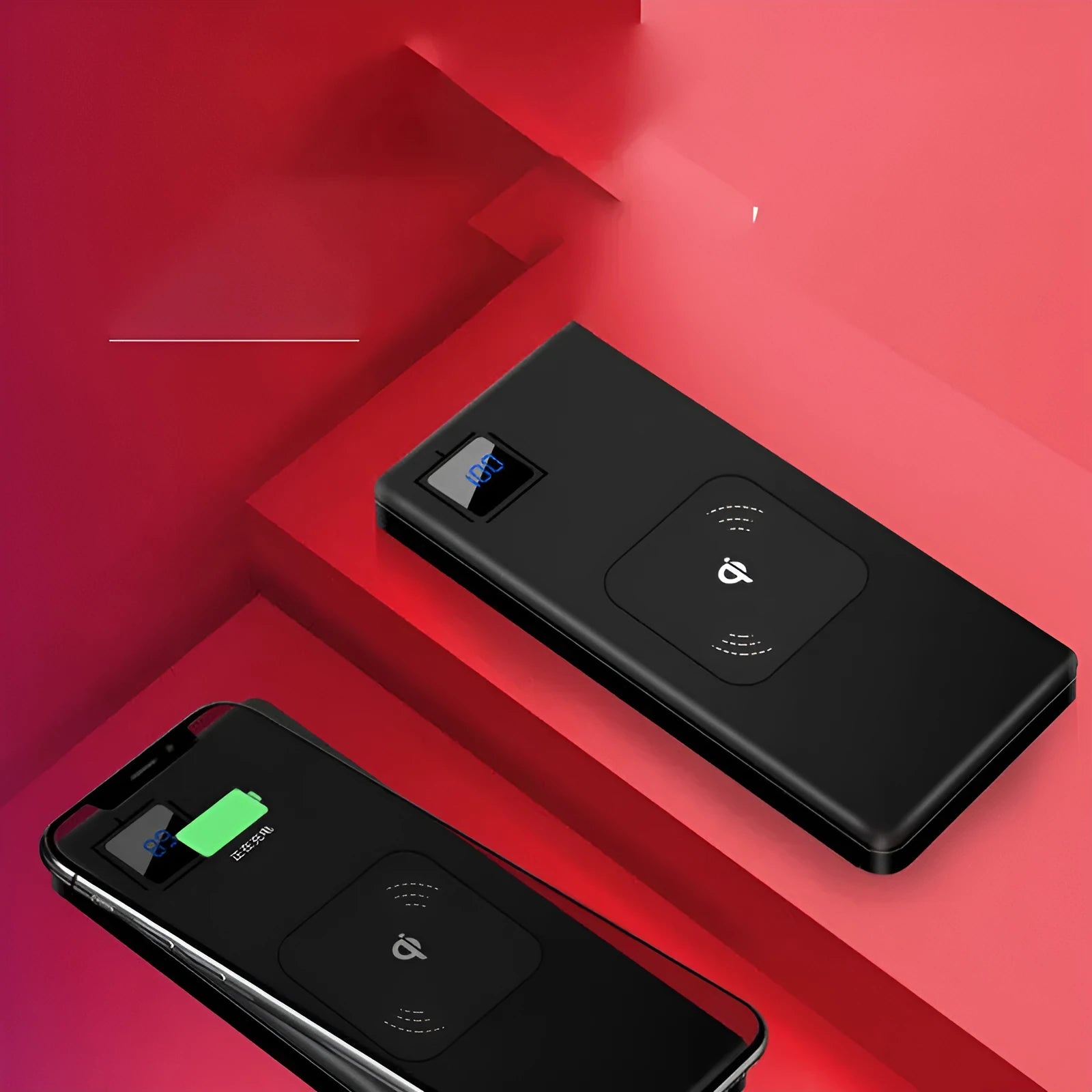 Silver alloy portable power bank with LCD display showing battery level, 10000mAh capacity.