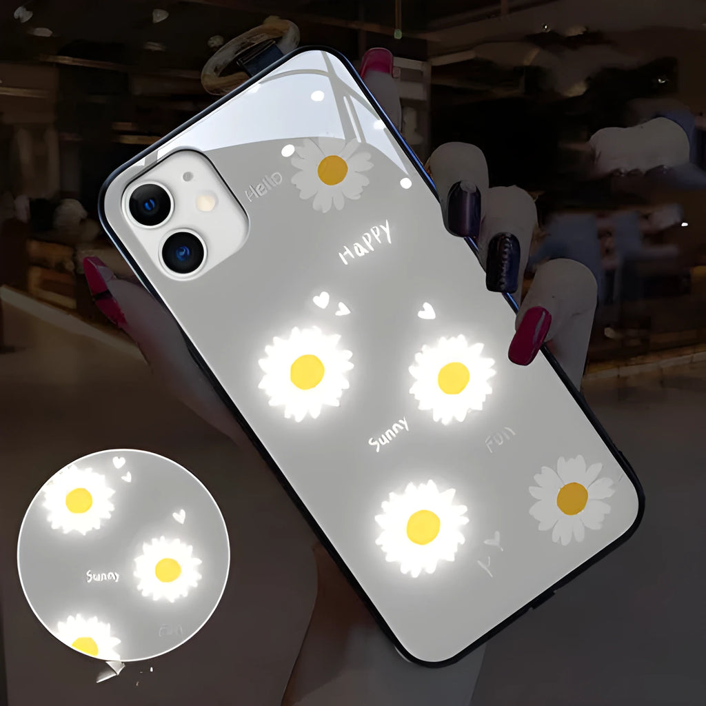 White luminous phone case with painted daisy design for Apple iPhone, showing voice-activated light feature.