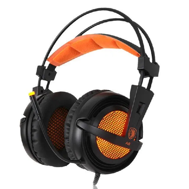 Black and white USB gaming headset with LED lights on ear cups and a padded headband.
