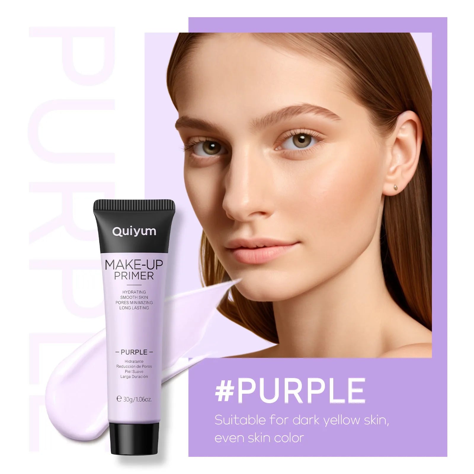 30g moisturising colour-correcting makeup primer in purple, pink, and green shades in colour box packaging