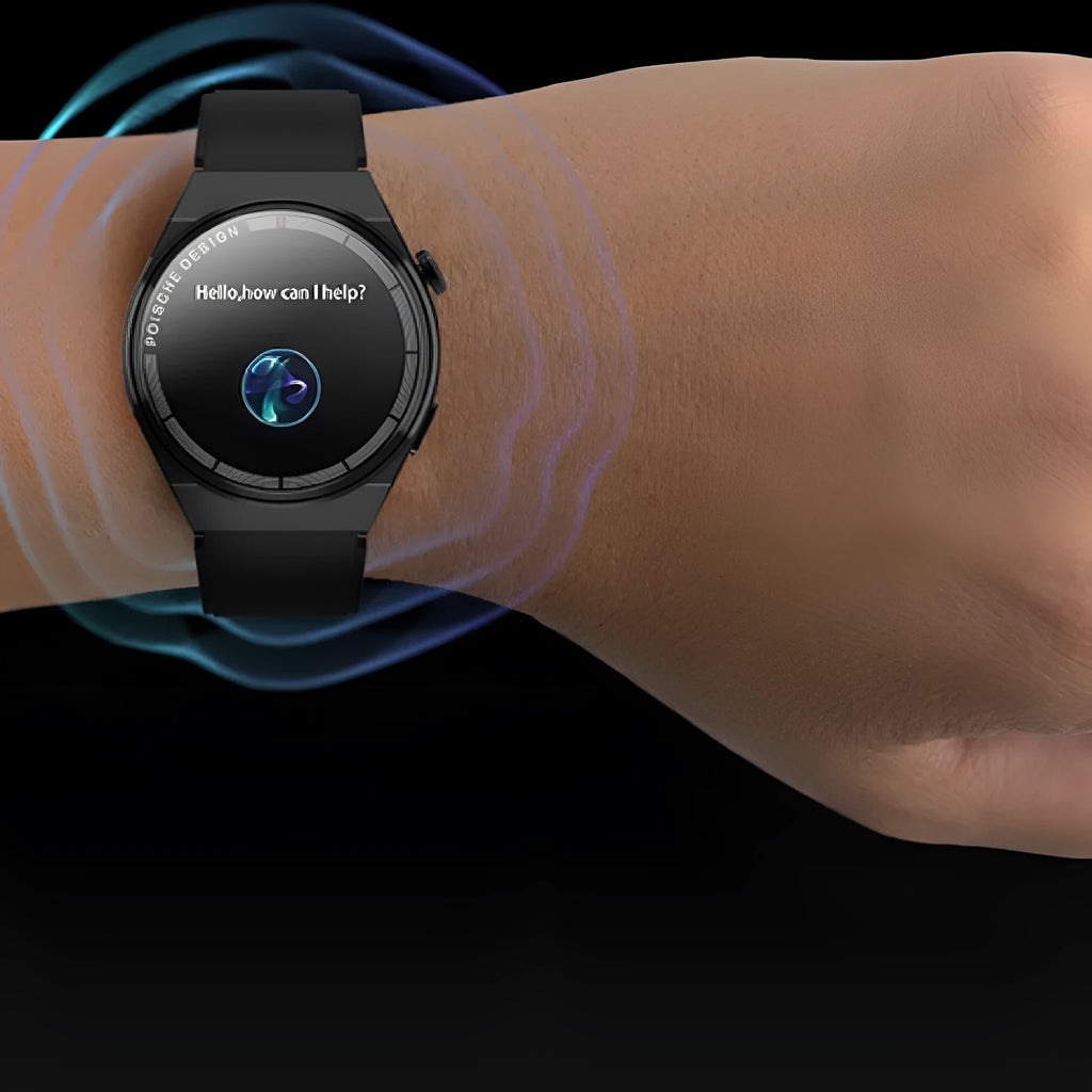 Black Bluetooth smartwatch with 1.39 inch screen showing NFC and blood sugar monitor features