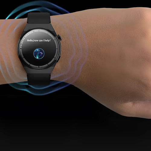 Black Bluetooth smartwatch with 1.39 inch screen showing NFC and blood sugar monitor features