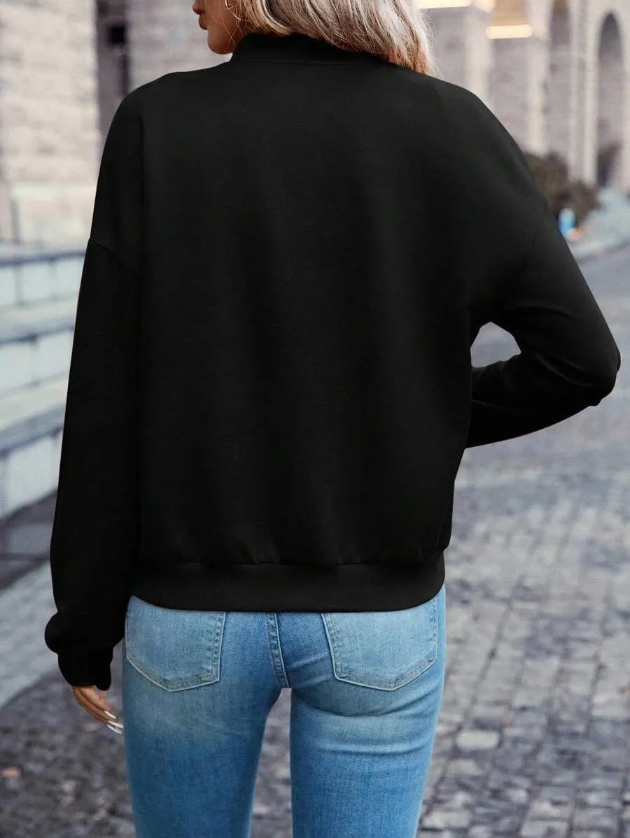 Black women's long sleeve casual zip jacket with a faux pocket detail