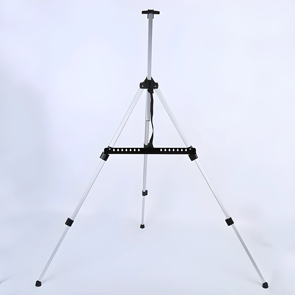Silver aluminium alloy adjustable painting easel on floor with canvas, folded length 21 inches