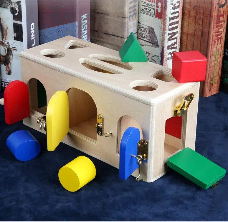 Wooden educational shape lock box preschool toy with 12 matching pieces
