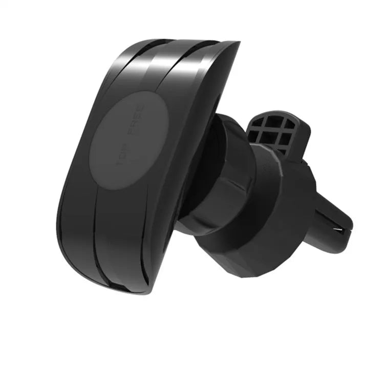 Black car phone holder attached to car air vent with adjustable arms holding mobile device