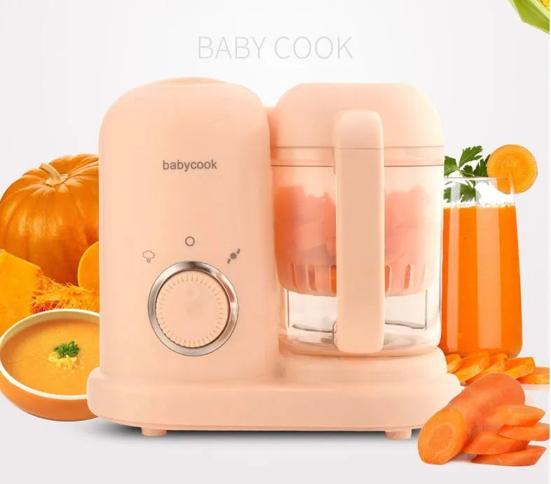 Baby food processor with steamer and blender functions in green or pink, showing dual mixing blades