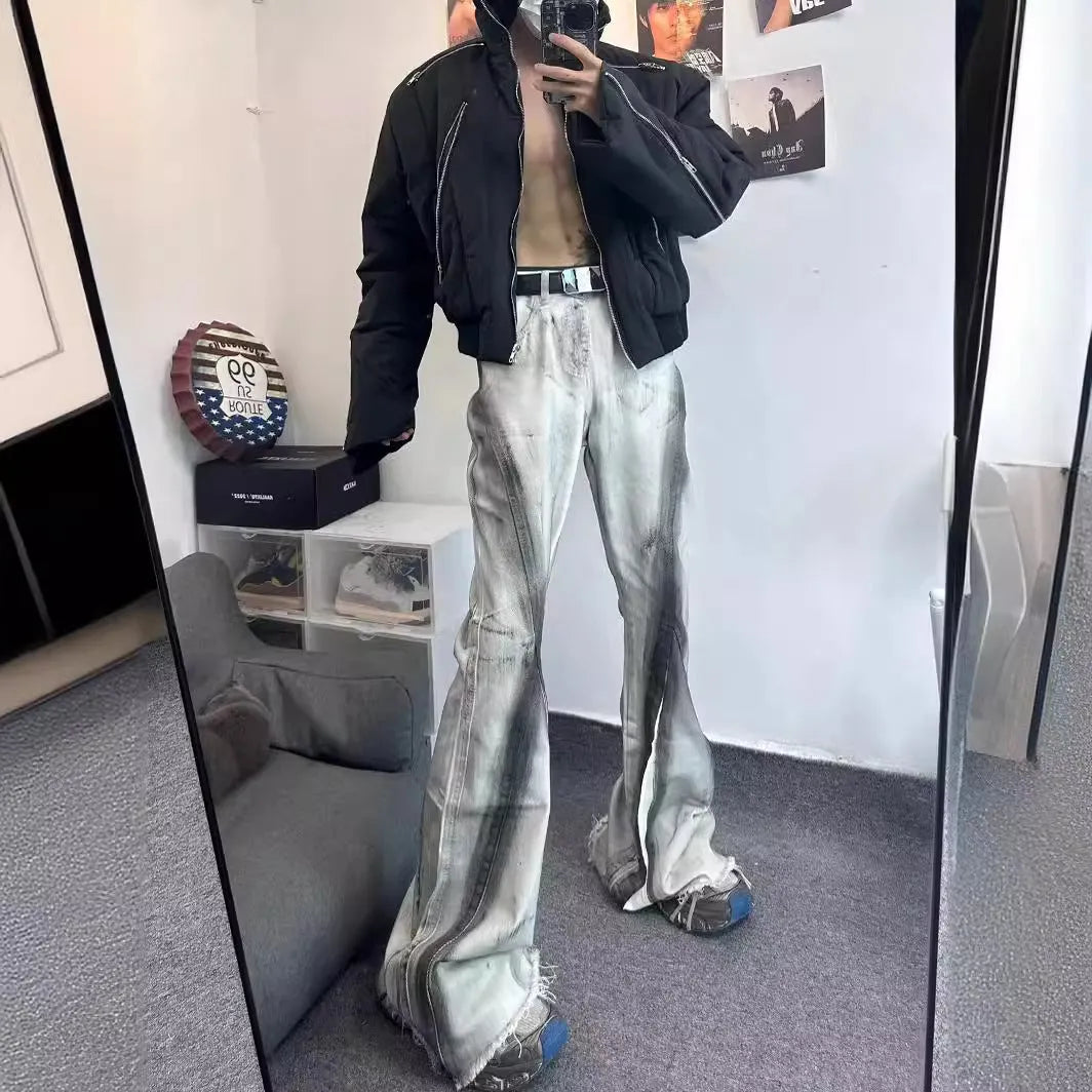 White American street retro heavy rough selvedge jeans with black ribbon gradient detailing and mid waist cut