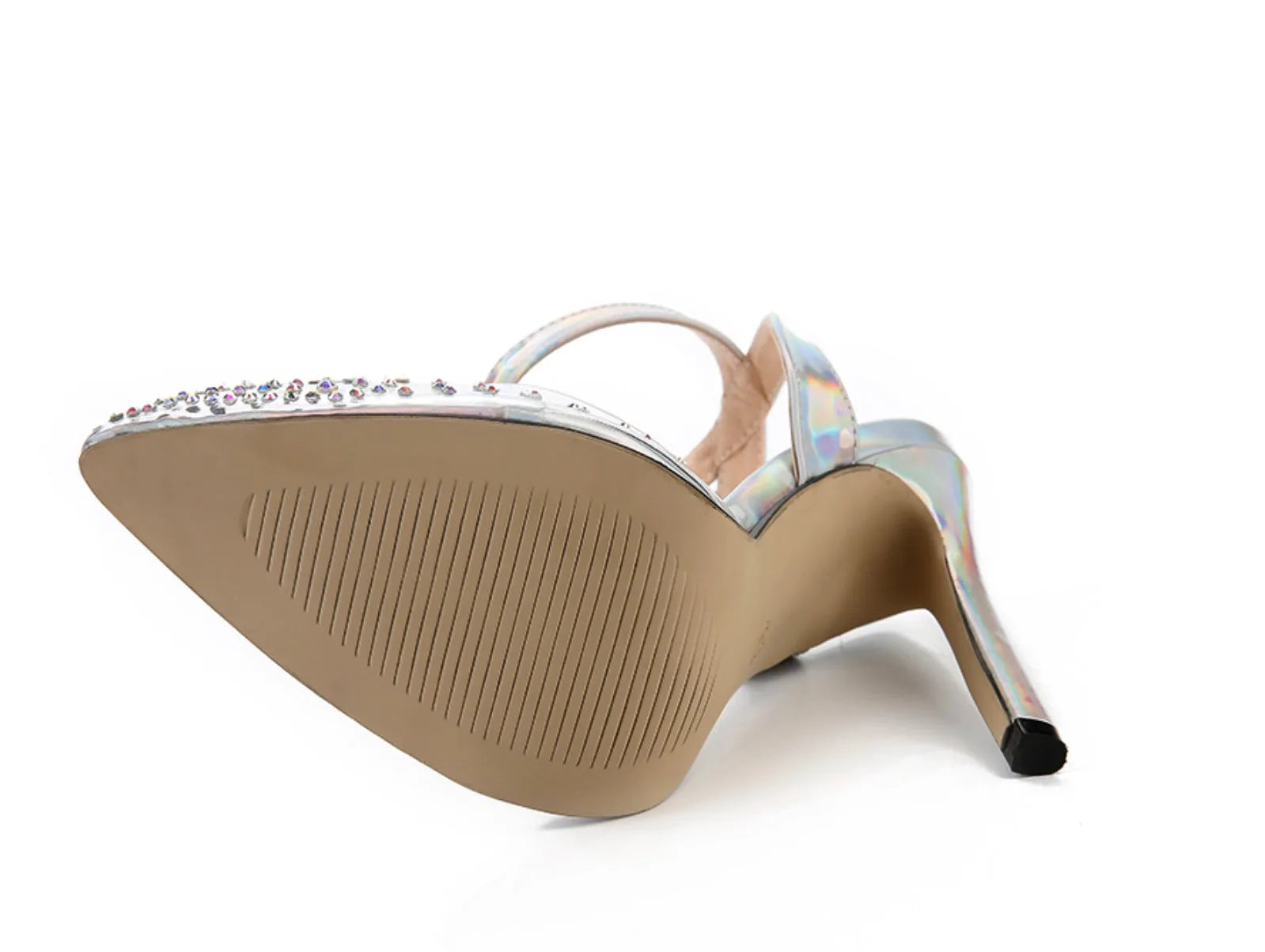 Women's pointed toe diamond sandals with stiletto heels on a white background.