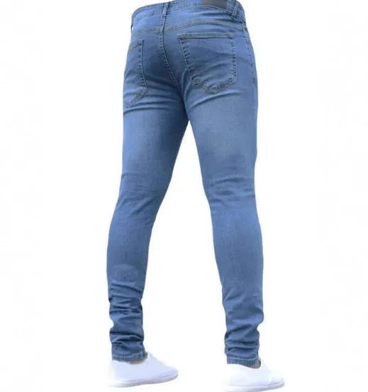 Slim-fit men's jeans in dark blue cotton with button and zip fly