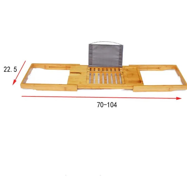 Natural bamboo bathtub caddy tray with one shelf resting on a bath edge.