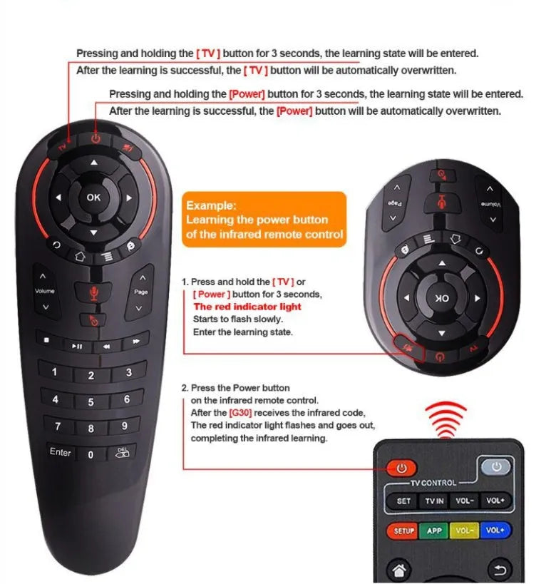 G30 Air Mouse wireless keyboard remote control with Nano USB receiver on a table