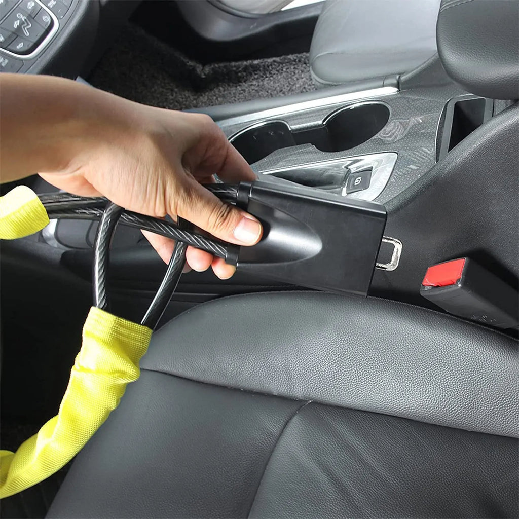 Red iron steering wheel lock with cable design for General Motors cars showing 33cm size