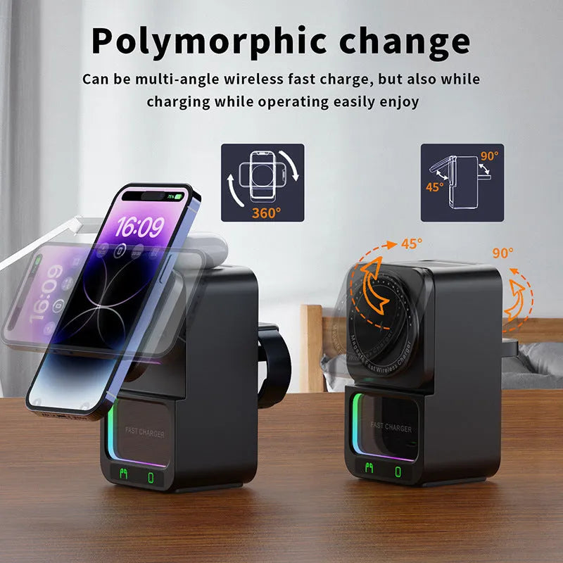 White and black Bluetooth speaker with wireless charging pad showing QC3.0 fast charge capability