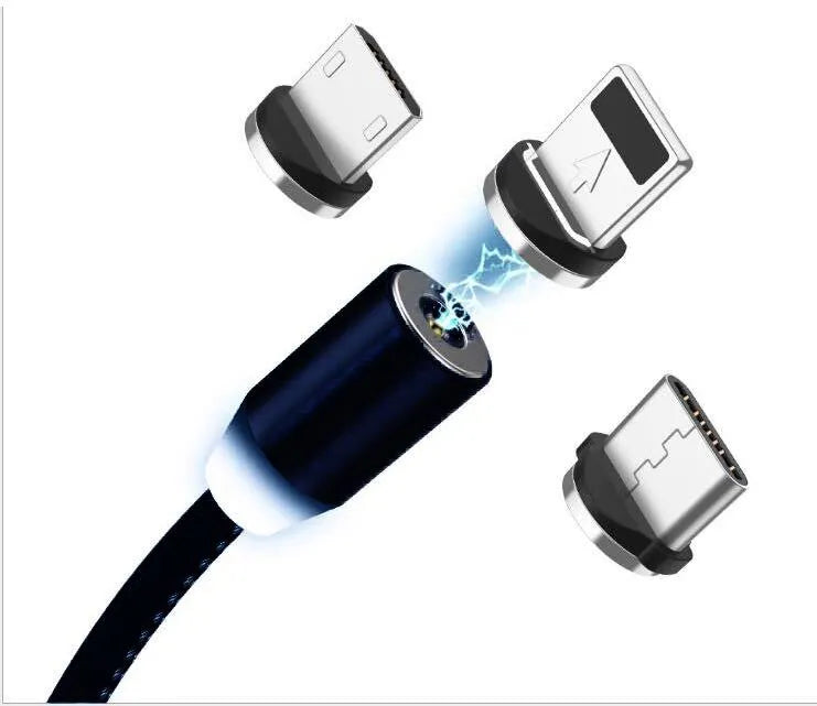 YBD black magnetic LED charging cable with cotton weave, aluminium shell, and LED light shown next to a smartphone.