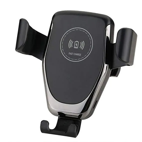 Black car wireless charger mounted on a vent, holding an iPhone with automatic clamping arms visible.